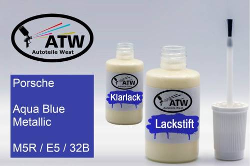 Porsche, Aqua Blue Metallic, M5R / E5 / 32B: 20ml Lackstift + 20ml Klarlack - Set, von ATW Autoteile West.